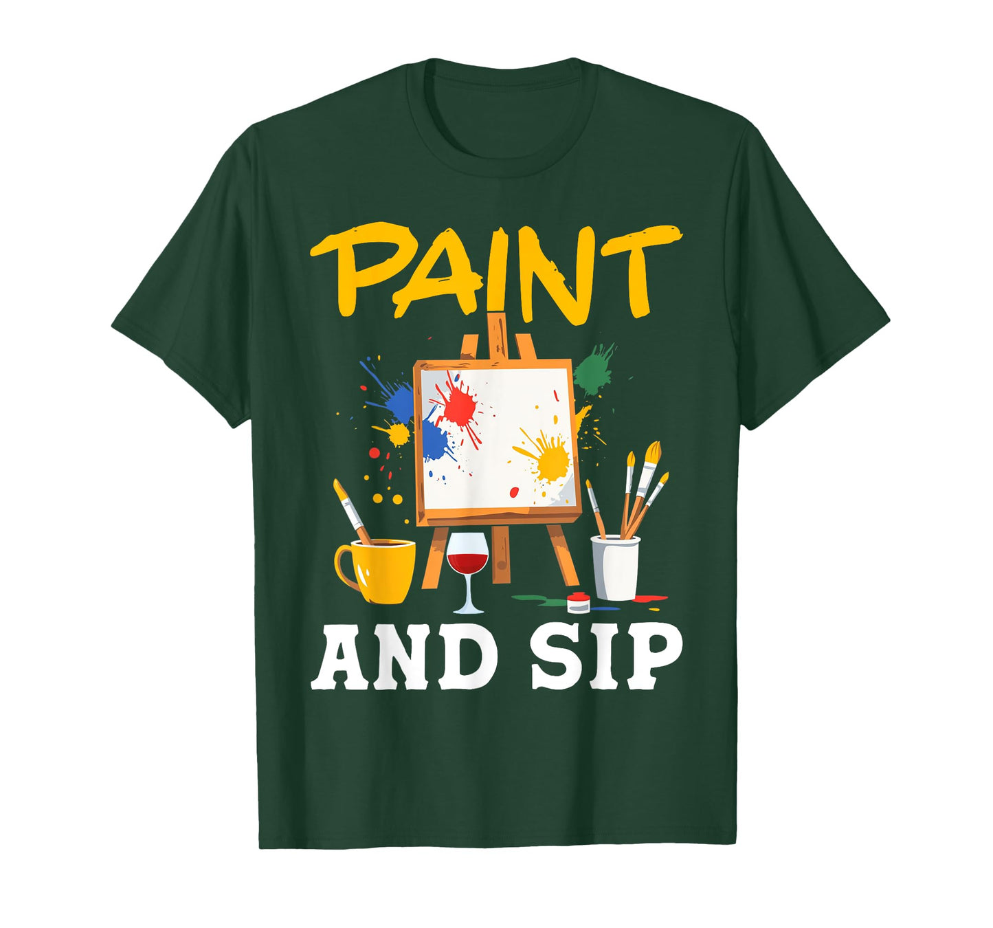 Paint And Sip Party Art Funny Wine Drinking Rainbow Painting T-Shirt
