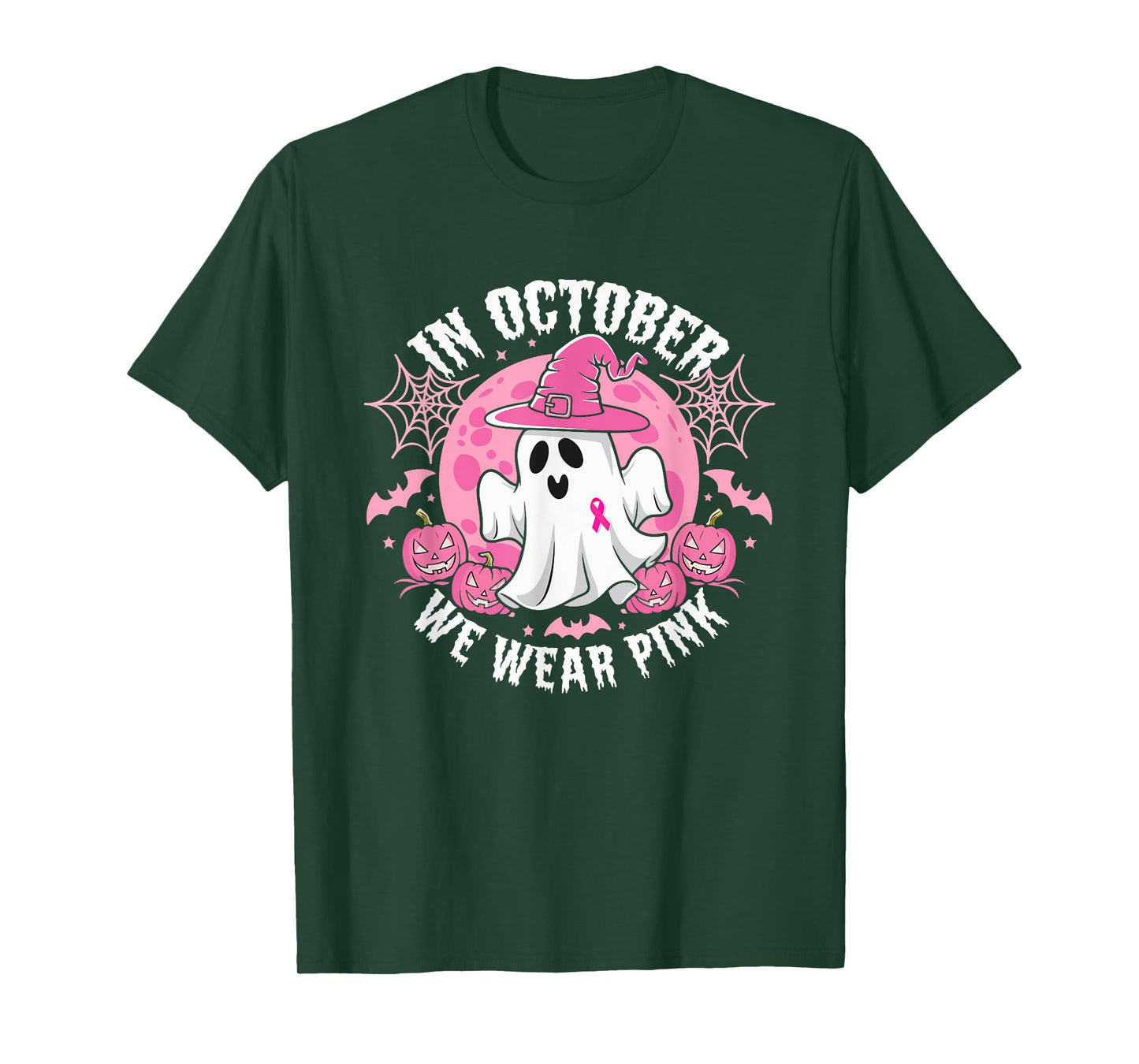 In October We Wear Pink Ribbon Ghost Witch Hat Halloween T-Shirt