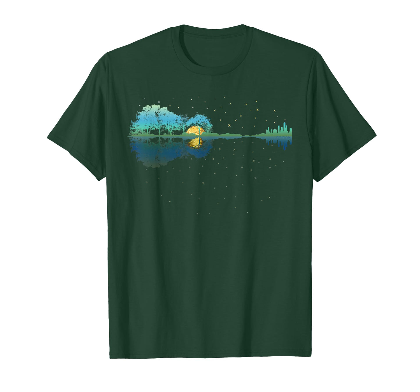 Guitar Lake Reflections Night Sky and Moon Guitar T-Shirt