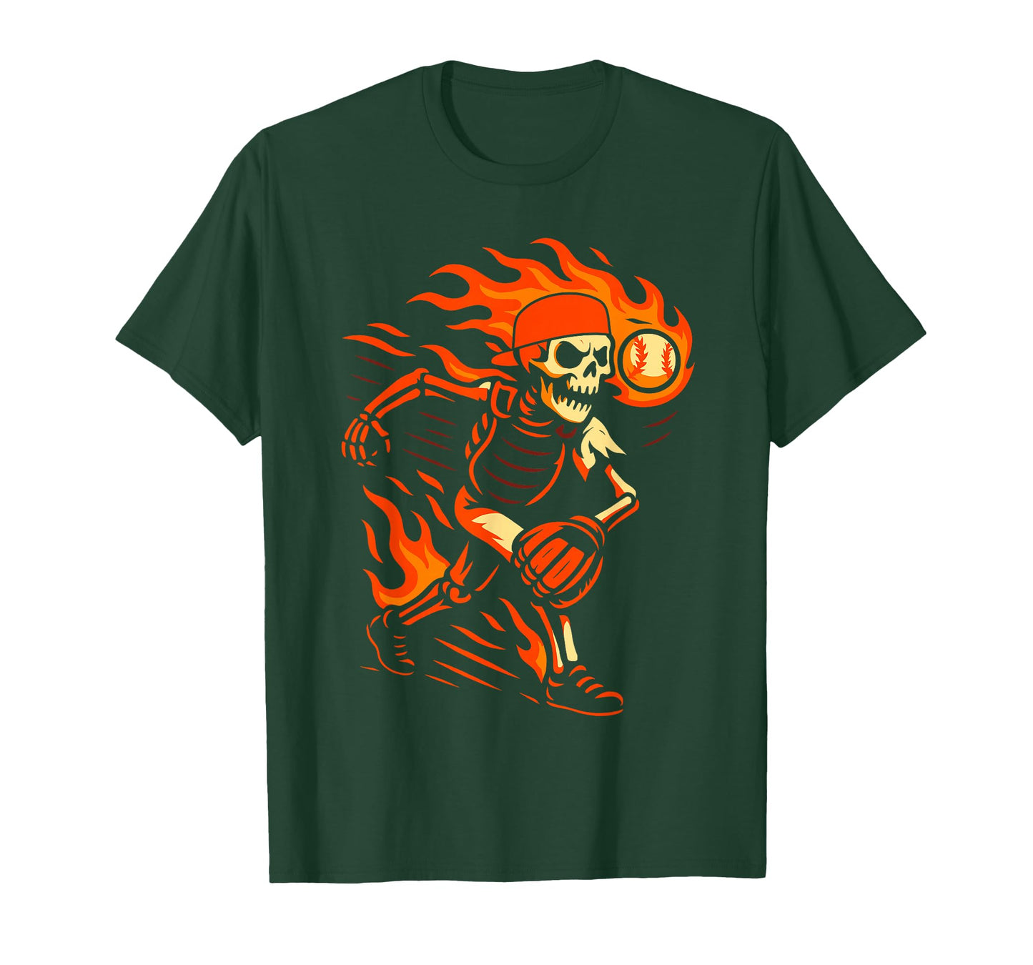 Halloween Flaming Skeleton Baseball Pitcher Graphic T-Shirt