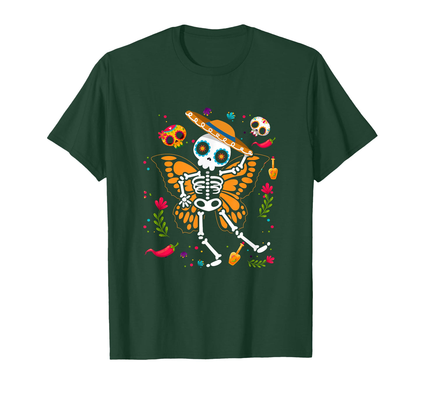 Day of The Dead Sugar Skull Skeleton Monarch Butterfly Wings T-Shirt