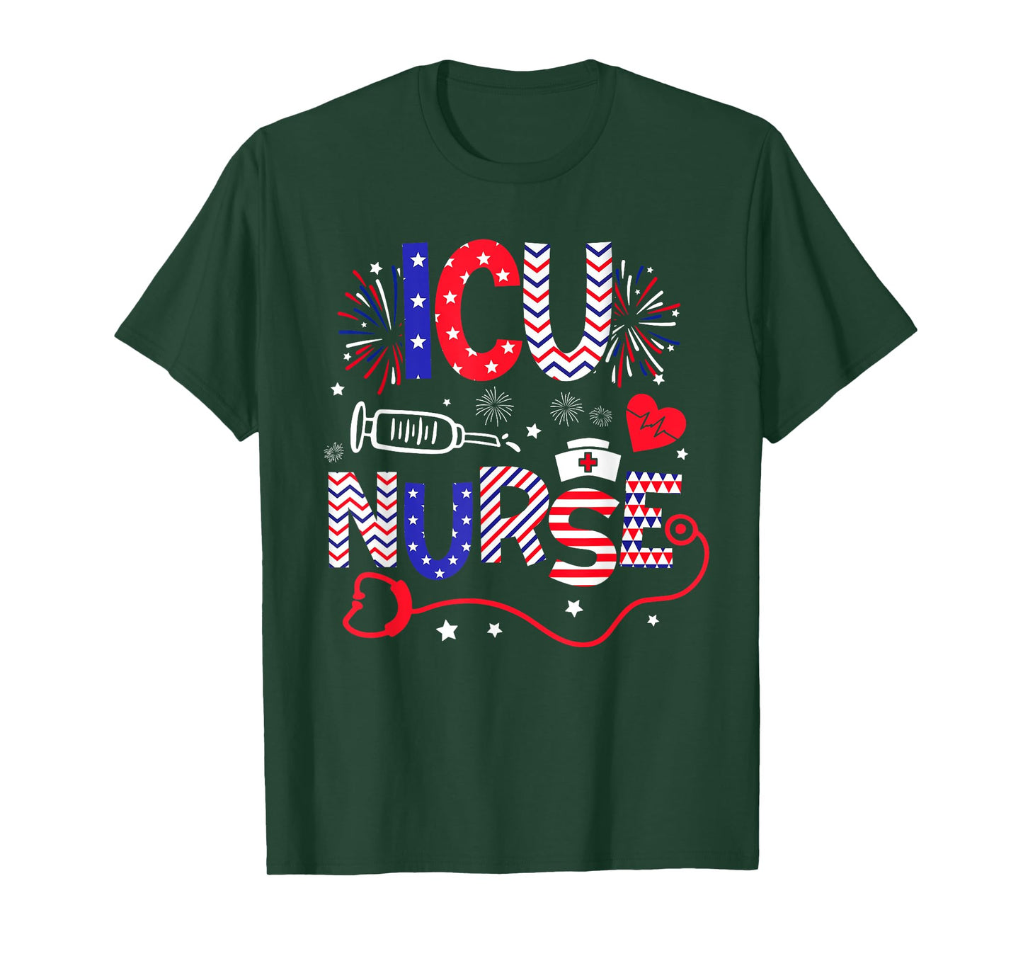 ICU Nurse 4th Of July Patriotic American Flag Stethoscope T-Shirt