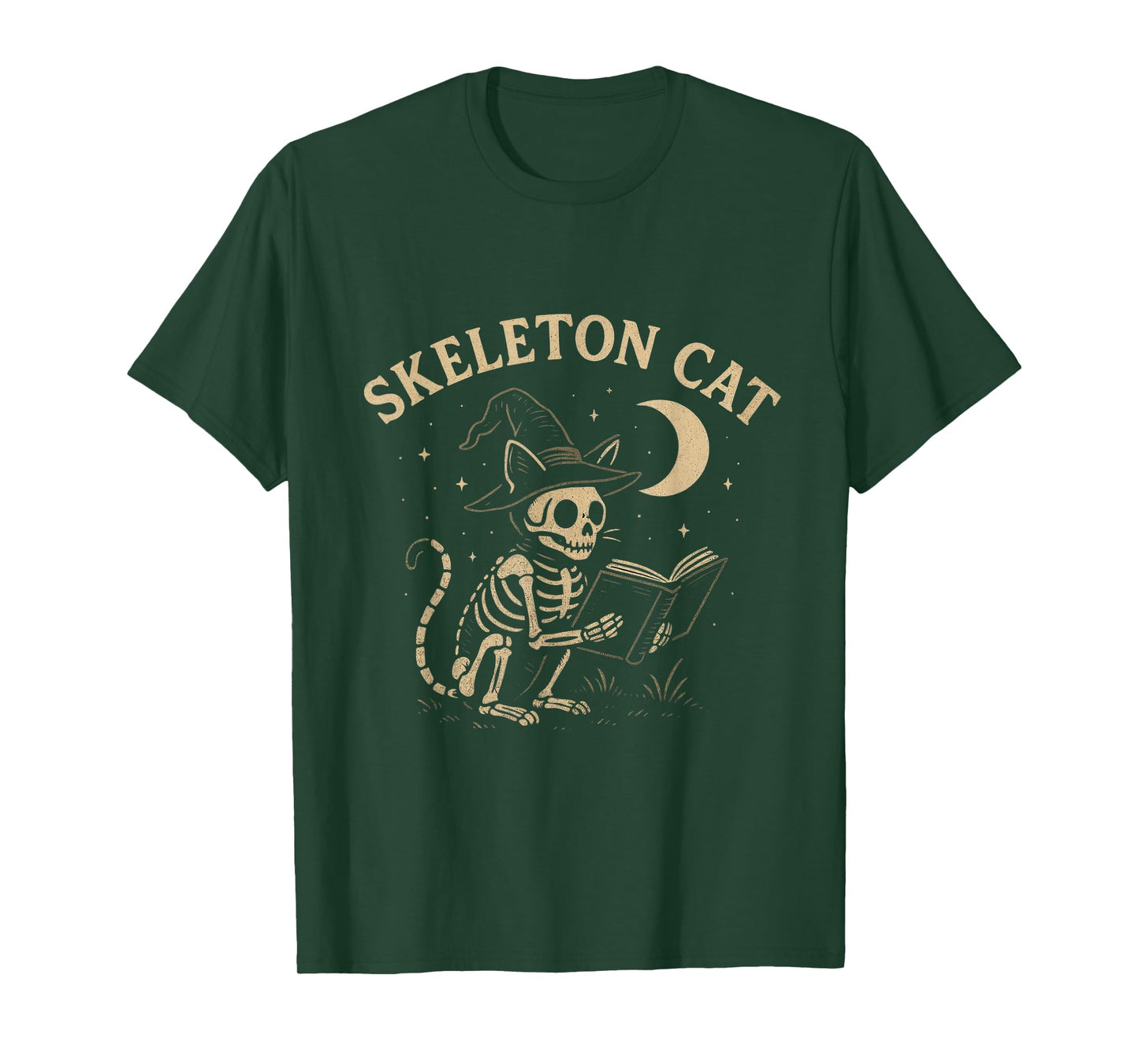 Skeleton Witch Cat Reading Under Moon Halloween Magic T-Shirt
