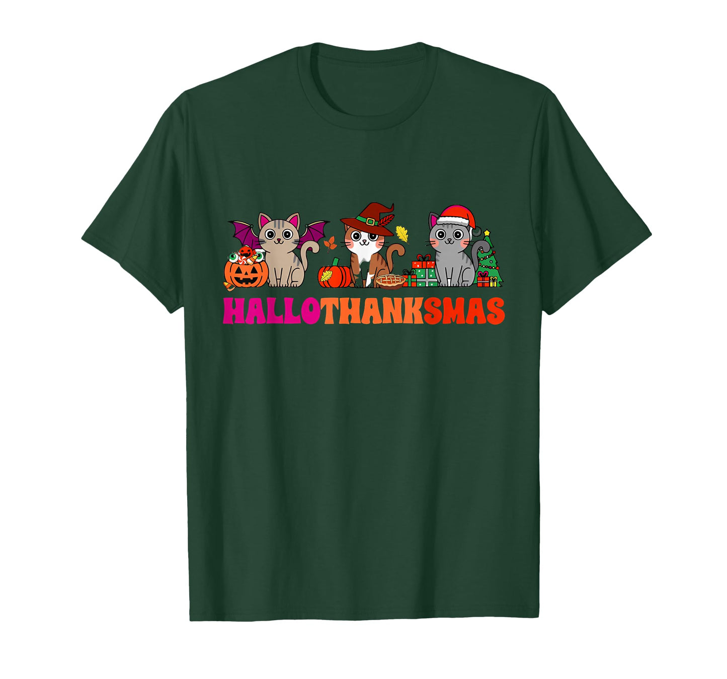 Halloween Thanksgiving Christmas Happy HalloThanksMas Cats T-Shirt
