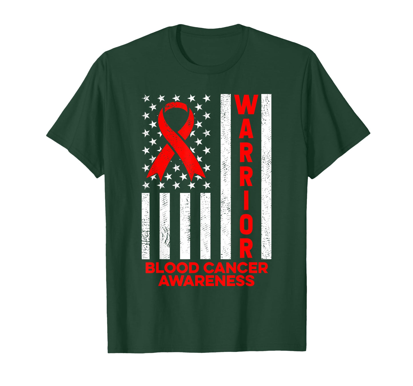 Blood Cancer Awareness Warrior American Flag Red Ribbon T-Shirt