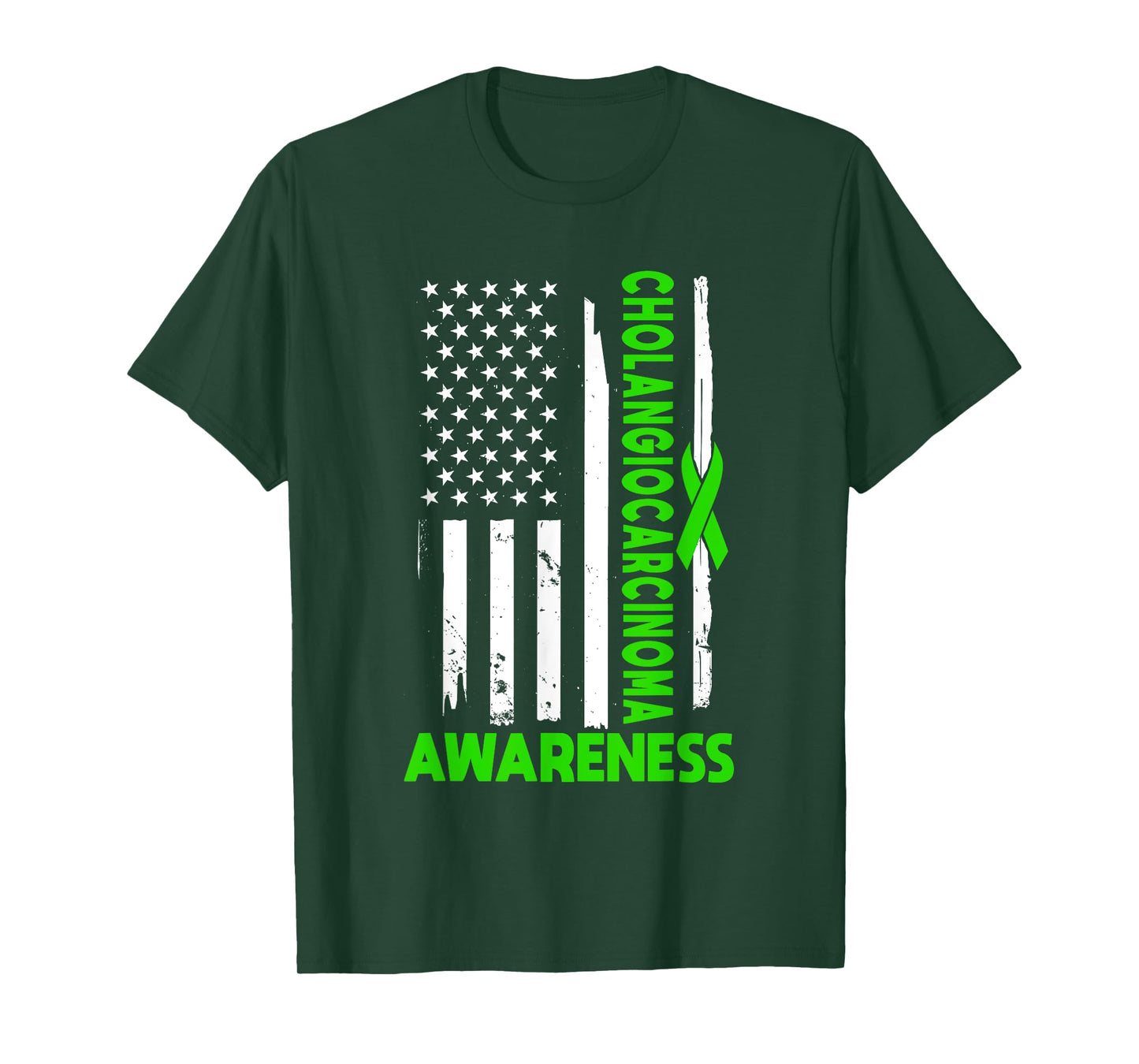 American Flag Cholangiocarcinoma Awareness USA Green Ribbon T-Shirt