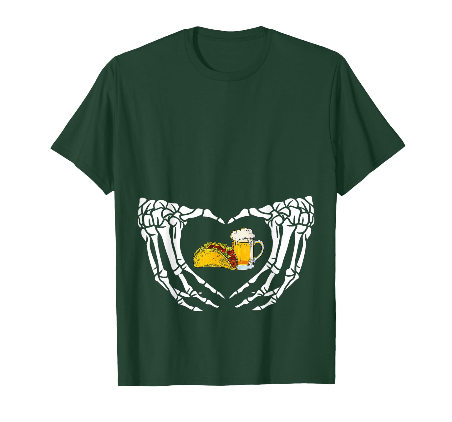 Funny Skeleton Heart Hand Halloween Beer Tacos Men Women T-Shirt