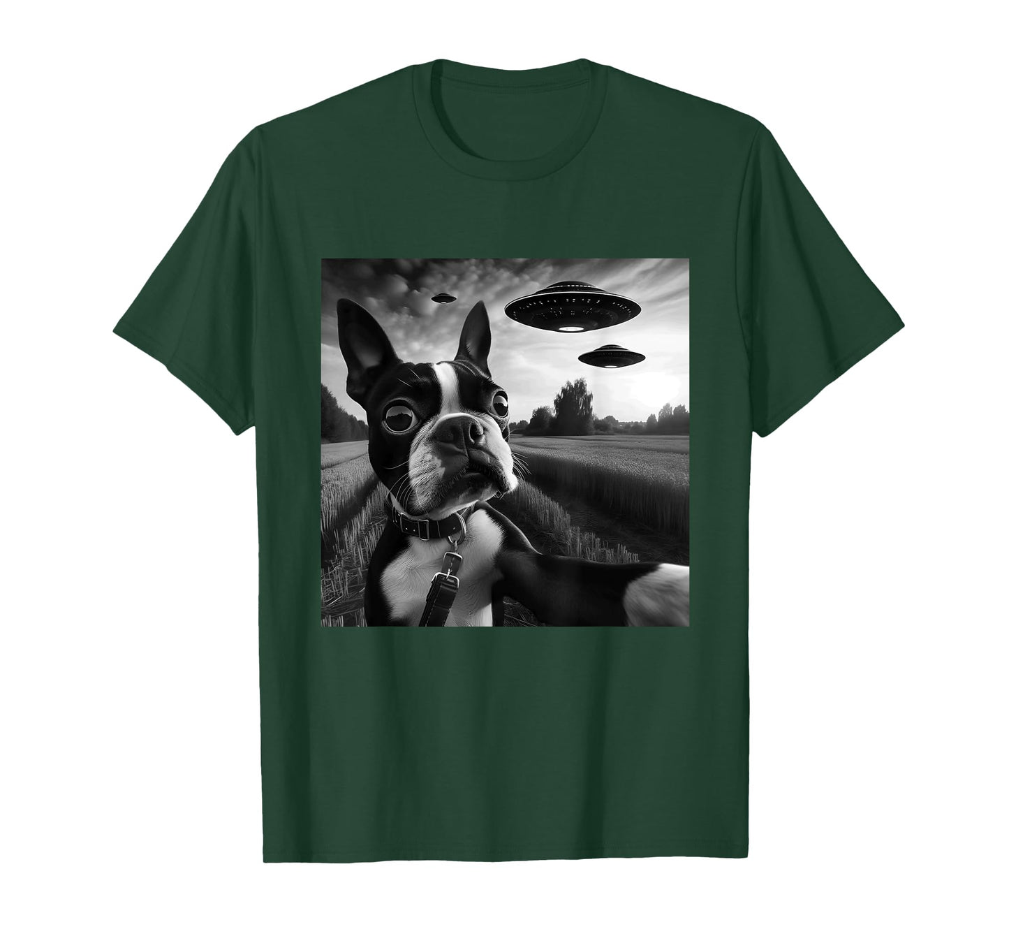 Boston Terrier Funny Graphic Selfie with UFOs Weird Aliens T-Shirt