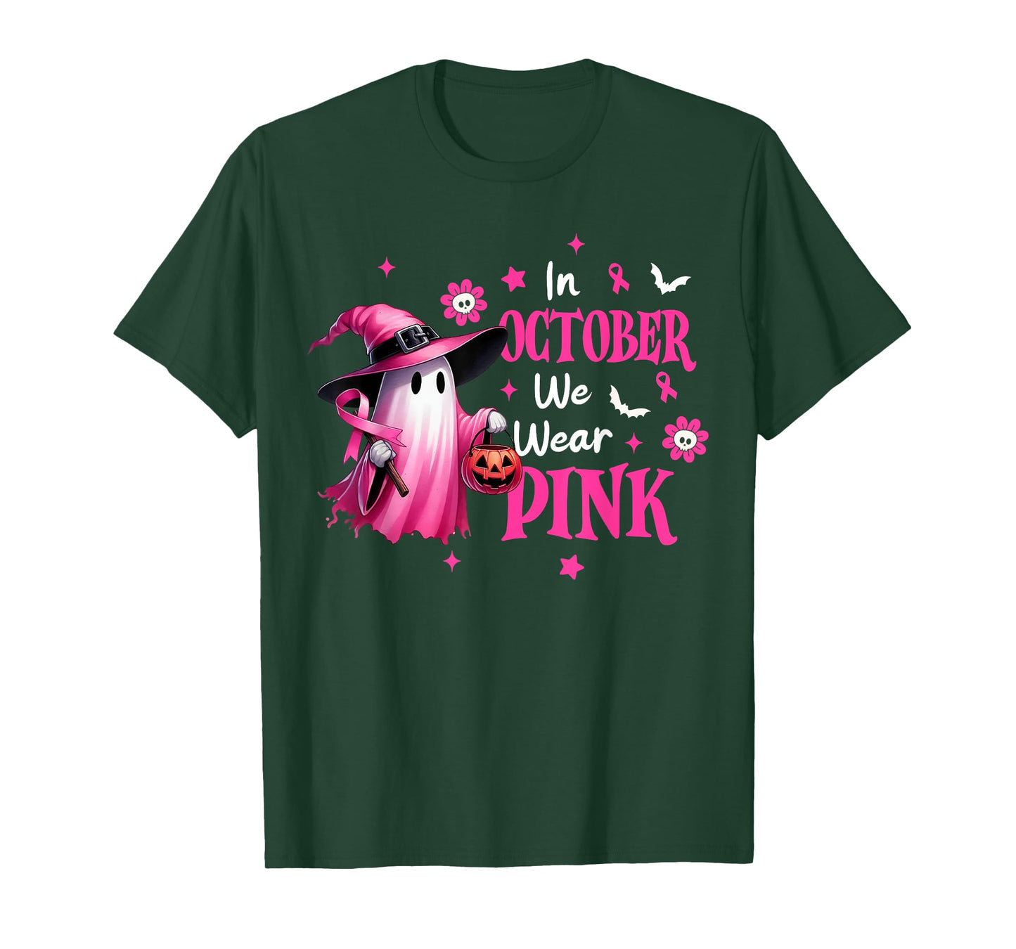 In October We Wear Pink Ghost Witch Breast Cancer Awareness T-Shirt