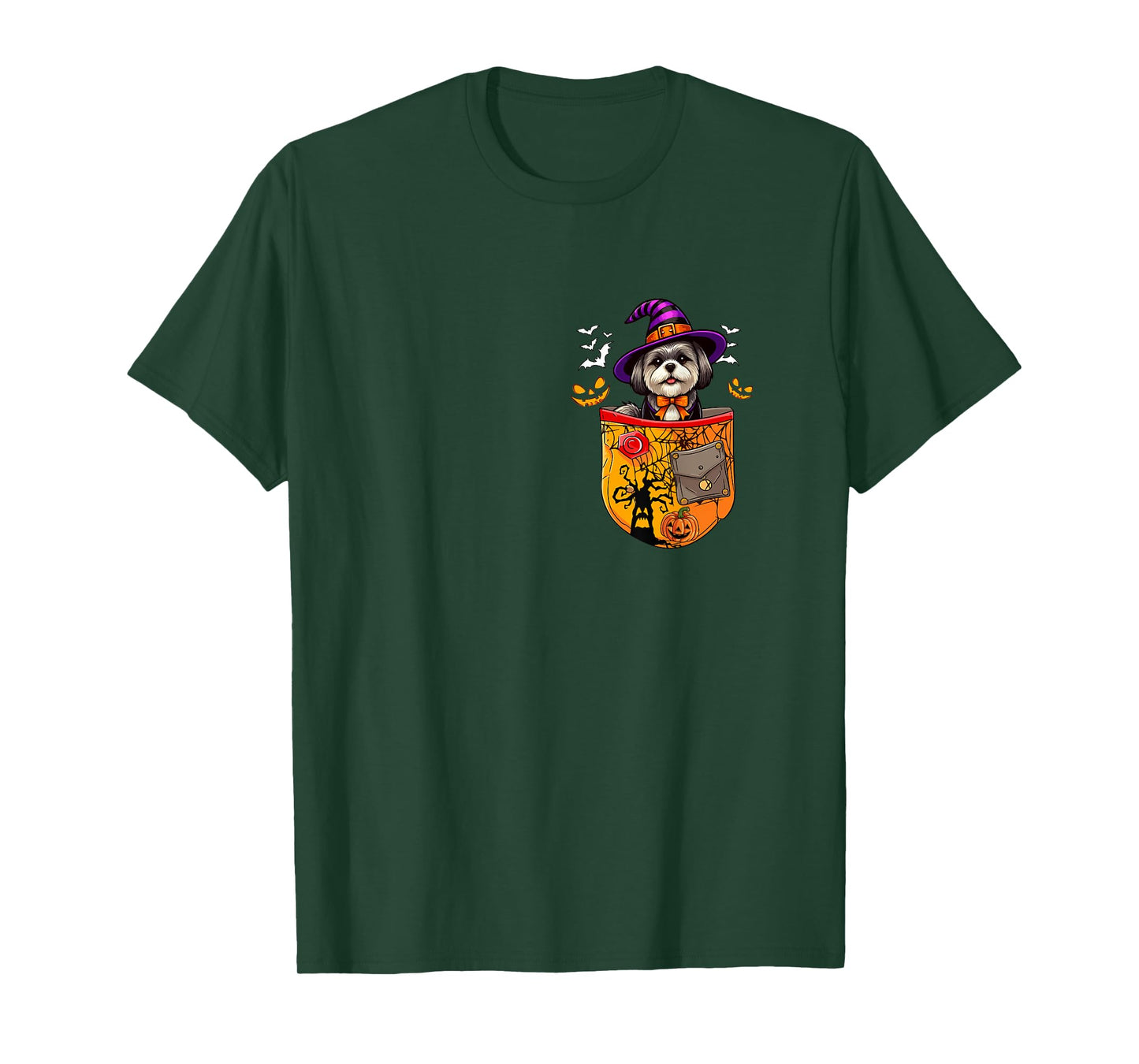 Shih Tzu As Witch in Pocket Halloween Dog Owner Family T-Shirt
