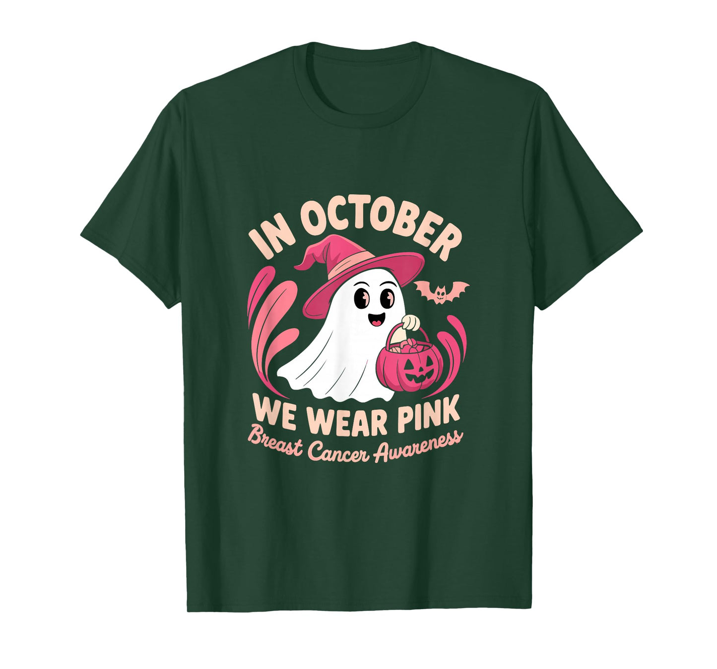 in October We Wear Pink Halloween Witch Ghost Pumpkin T-Shirt