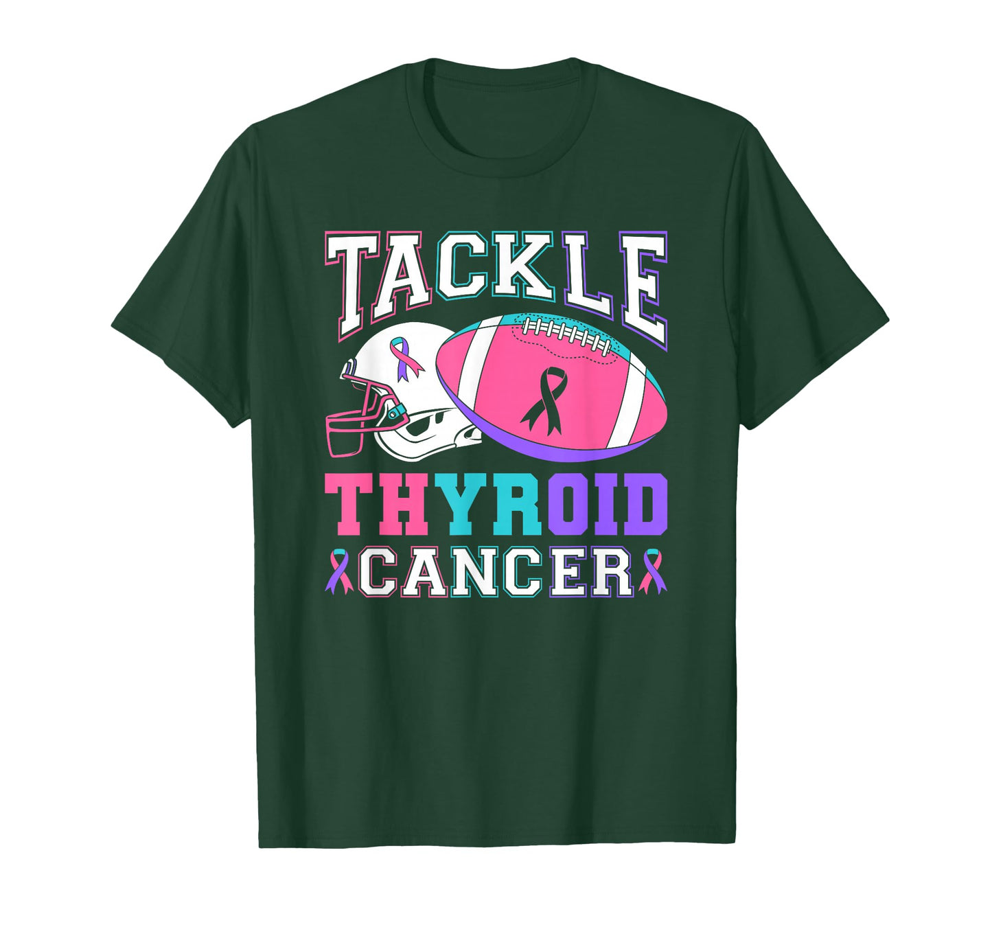 Tackle Thyroid Cancer Purple Pink Teal Ribbon Football T-Shirt