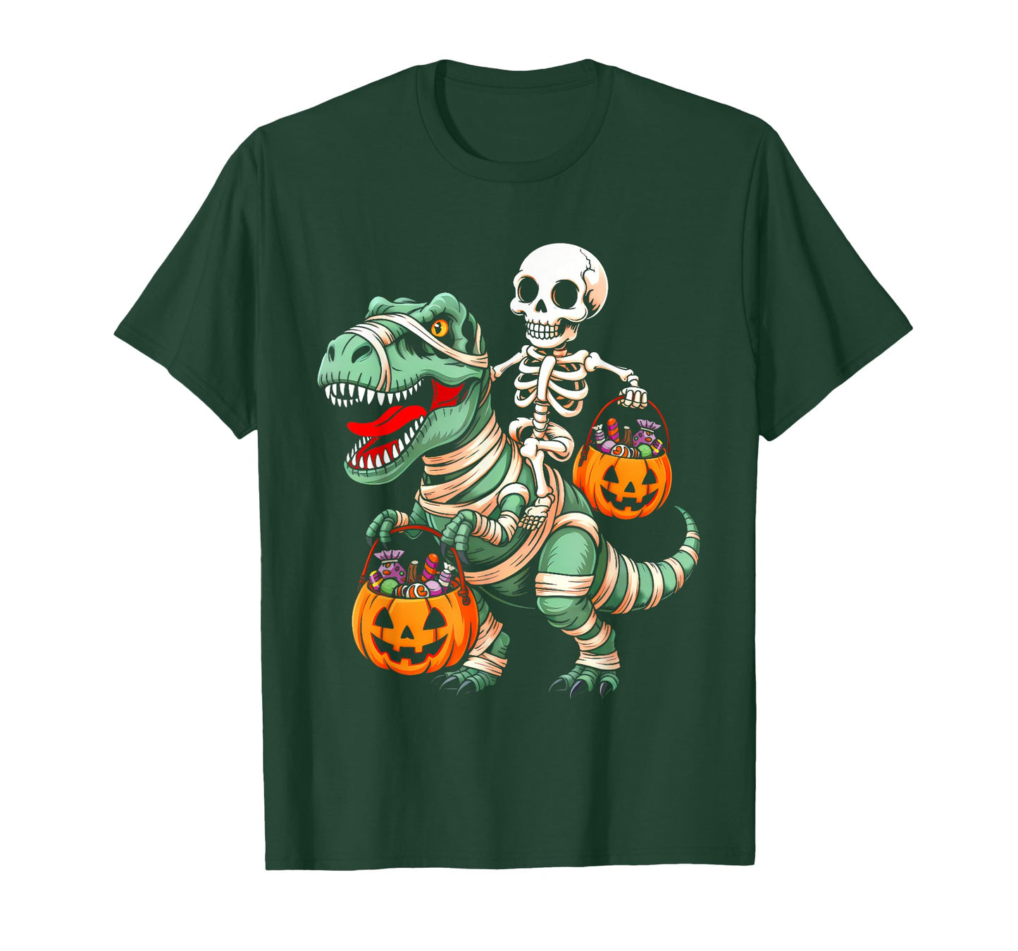 Skeleton Riding Mummy Dinosaur Pumpkin Spooky Trex Halloween T-Shirt