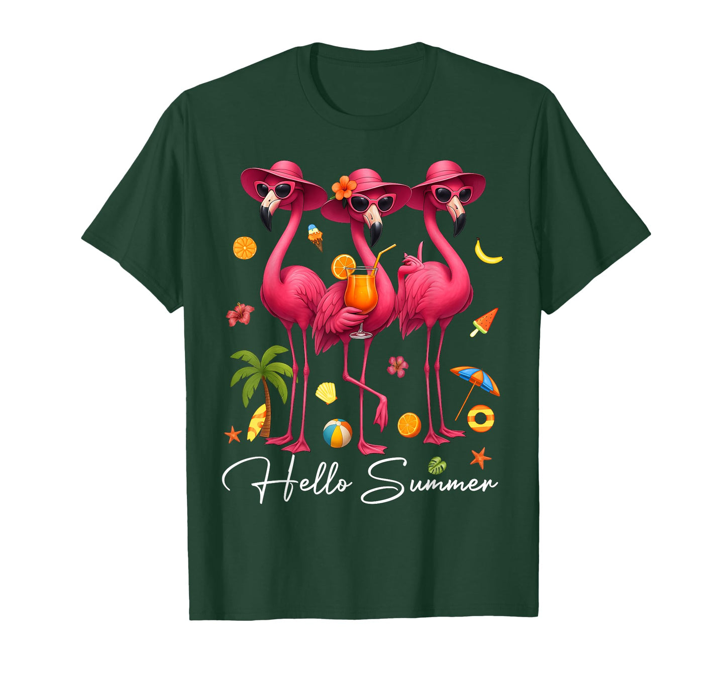 Hello Summer Pink Flamingo Summer Vibes Beach Palm Tree T-Shirt