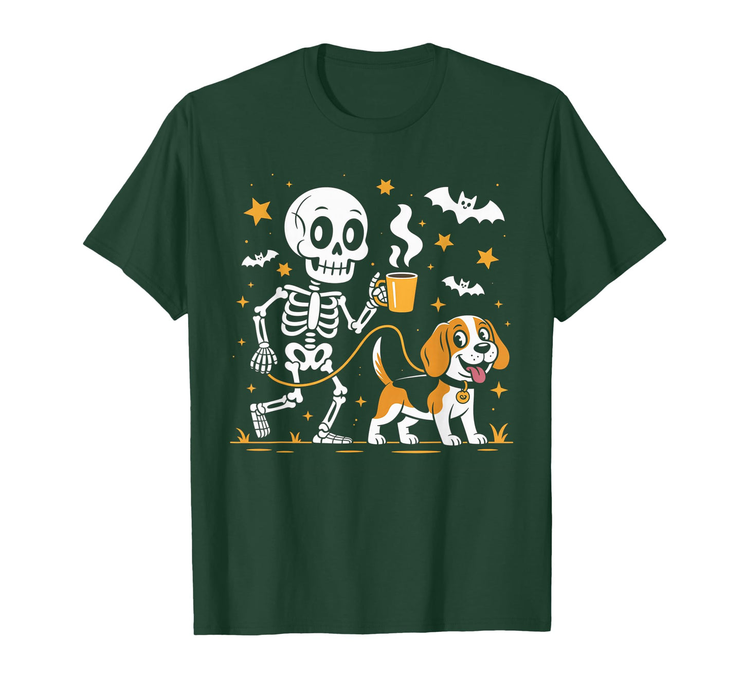 Skeleton Walking Beagle Dog Coffee Lovers Funny Halloween T-Shirt