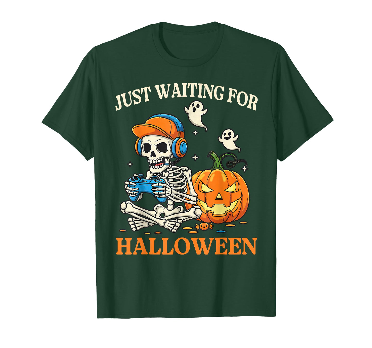 Funny Just Waiting for Halloween Skeleton Playing Video Game T-Shirt