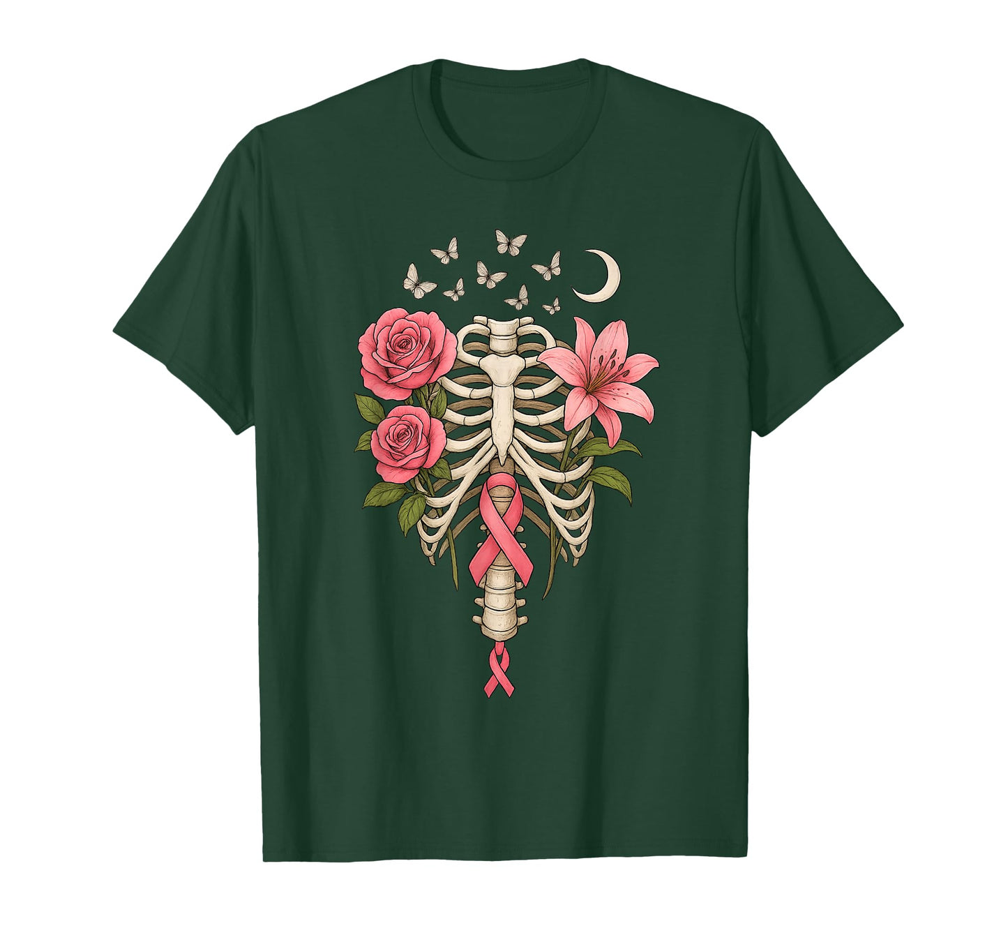 reast Cancer Skeleton Floral Awareness Ribcage Moon T-Shirt