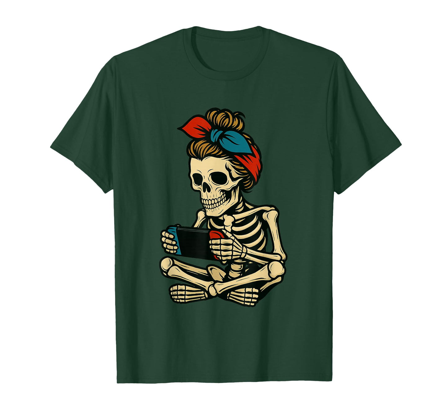 Messy Bun Gamer Girl Funny Skeleton Halloween Gaming Kids T-Shirt