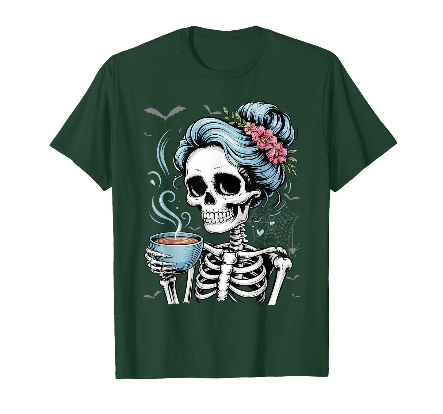 Messy Bun Skeleton Drinking Coffee Vintage Halloween Funny T-Shirt