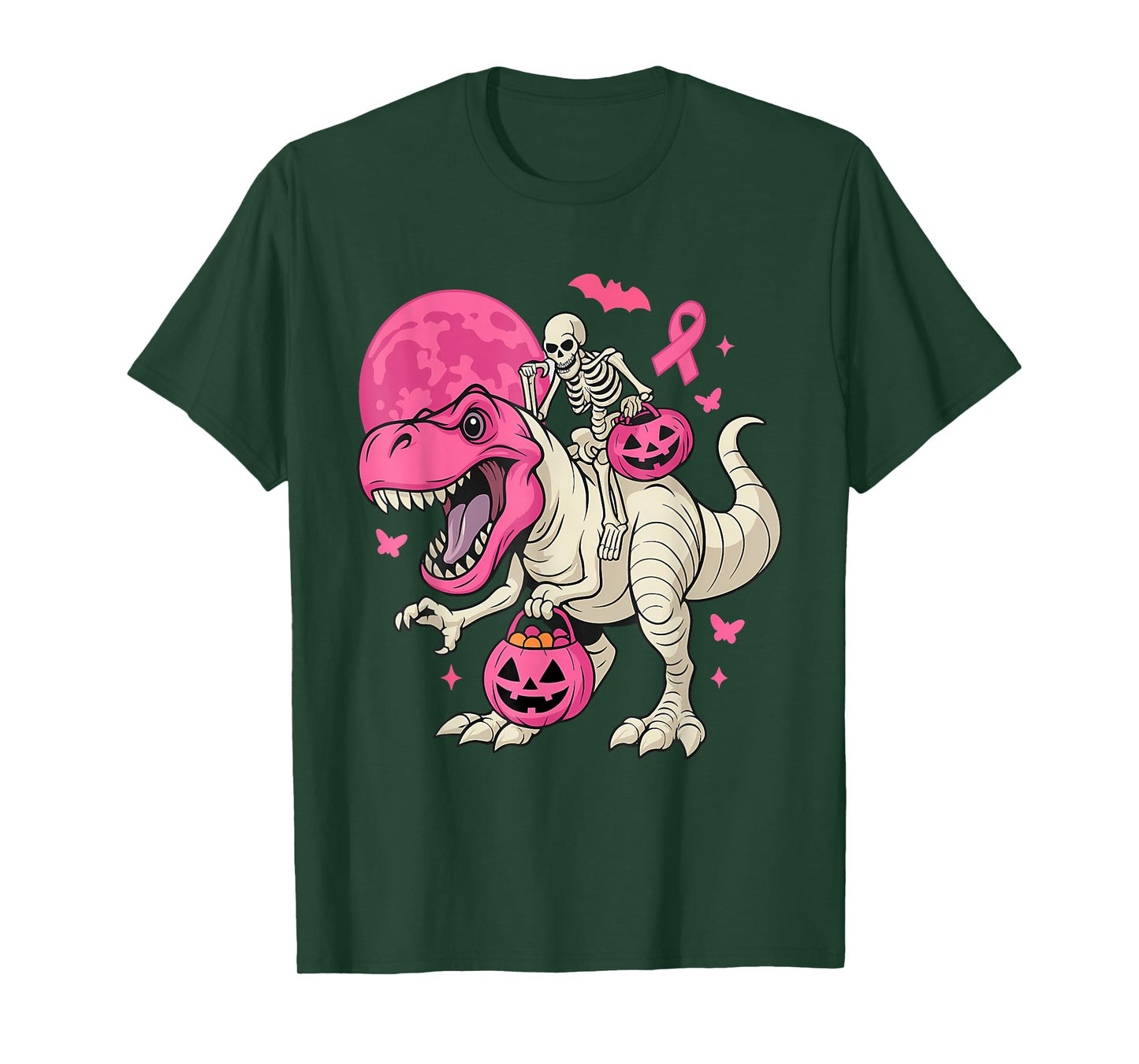 Skeleton Riding Dinosaur Halloween Pumpkin Breast Cancer T-Shirt