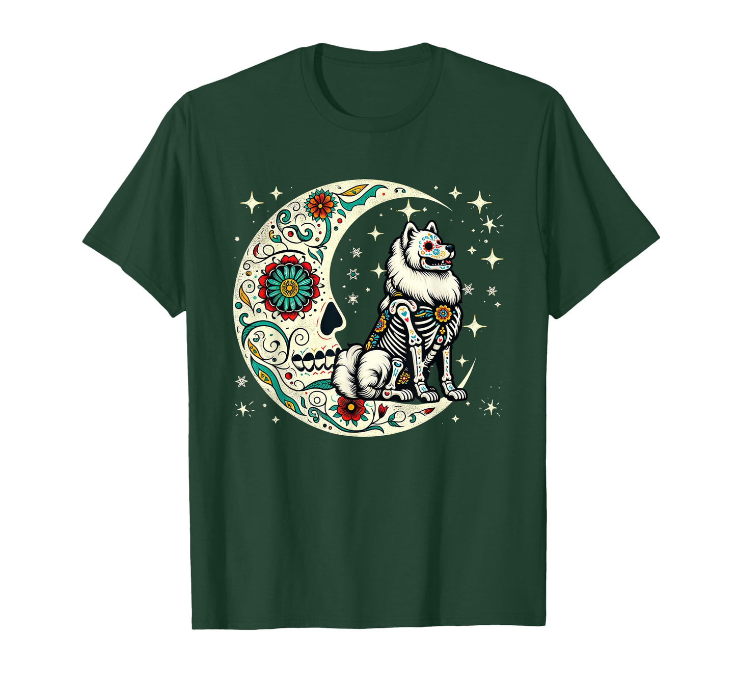 Dia De Los Muertos Halloween Moon Floral Skeleton Samoyed T-Shirt