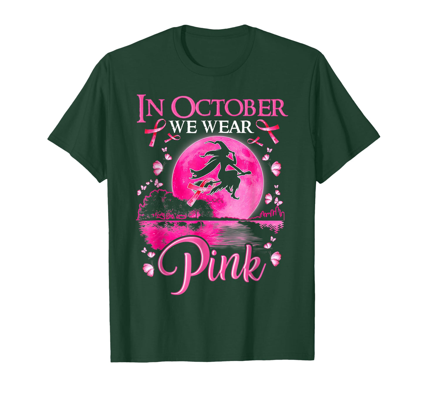 in October We Wear Pink Ribbon Witch Halloween Breast Cancer T-Shirt