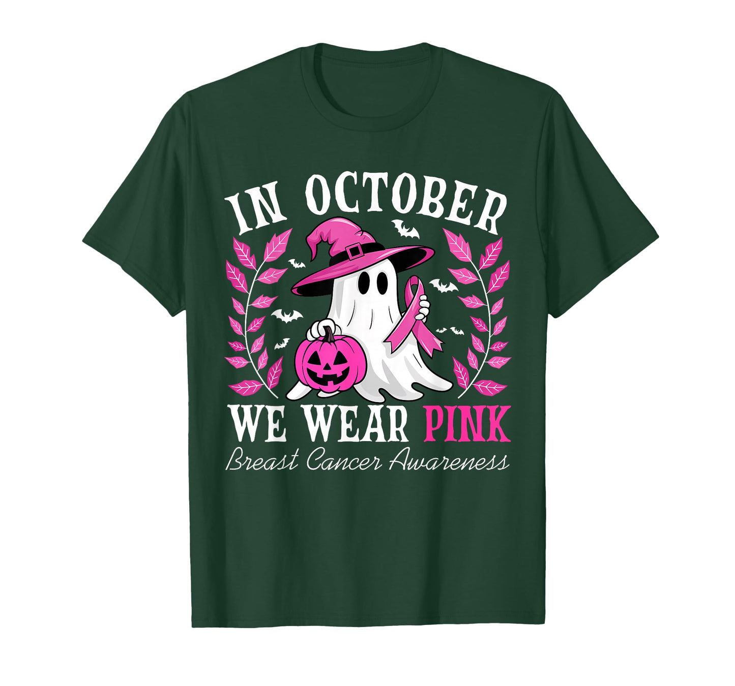 in October We Wear Pink Ribbon Breast Cancer Ghost Halloween T-Shirt