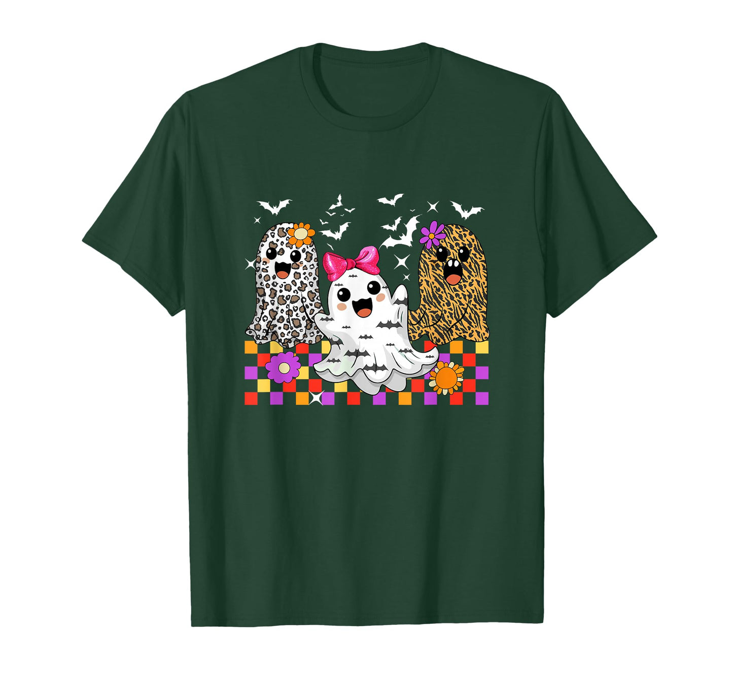 Three Cute Leopard Colorful Boos Bow Tie Halloween Girls T-Shirt