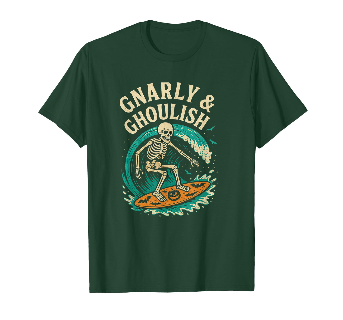 Skeleton Surfer with “Gnarly & Ghoulish” Text Halloween T-Shirt