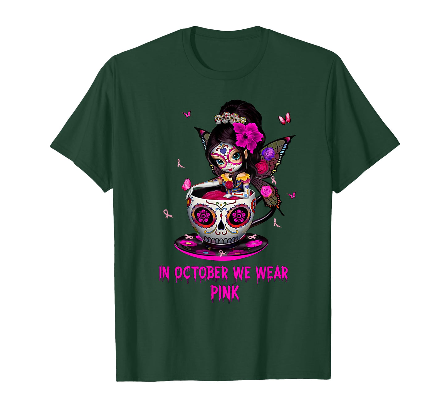 Girl Sugar Skull Fairy In October We Wear Pink Breast Cancer T-Shirt