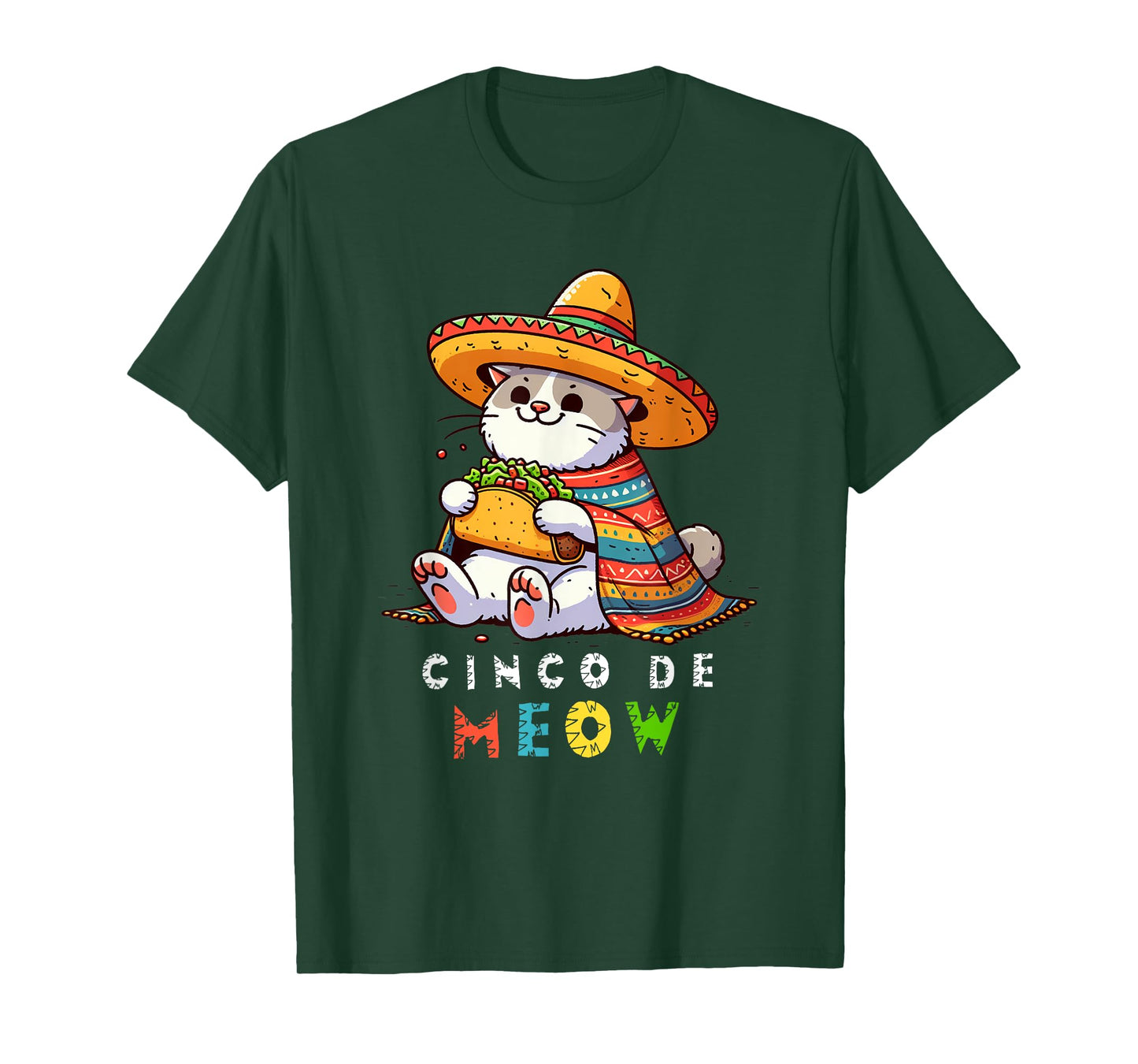 Cinco De Meow with Smiling Cat Taco and Sombrero Men Women Kids T-Shirt