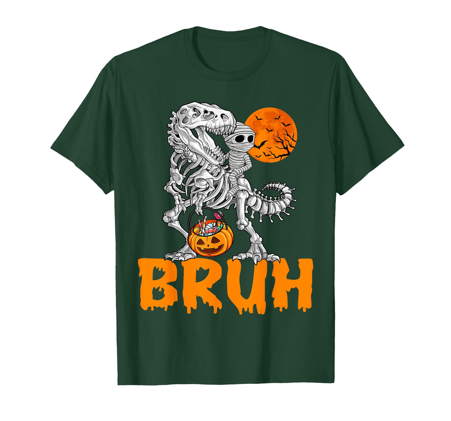 Bruh Skeleton Riding Mummy Dinosaur T Rex Halloween Moon T-Shirt
