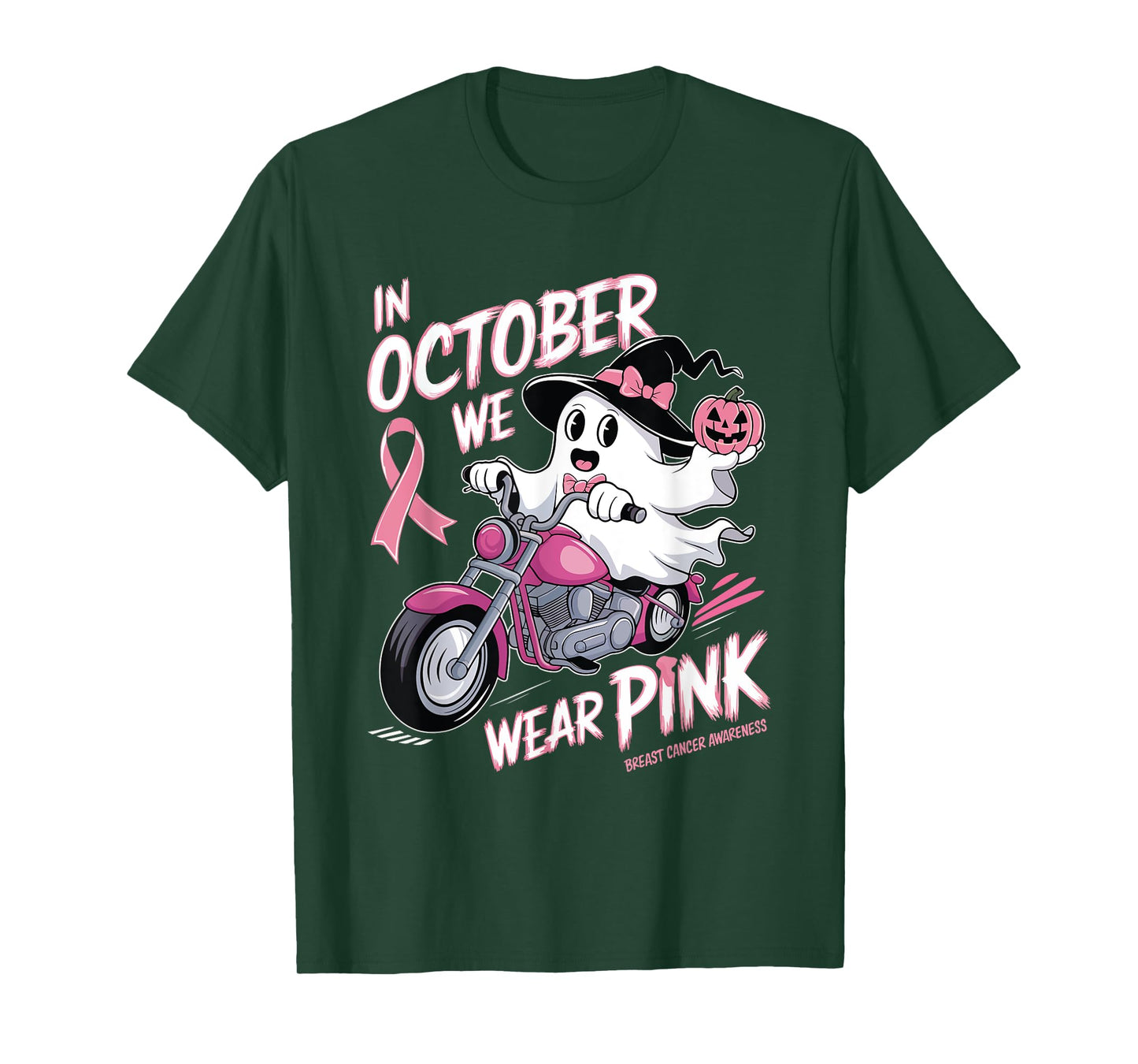 In October We Wear Pink Ghost Riding Motorcycle Halloween T-Shirt