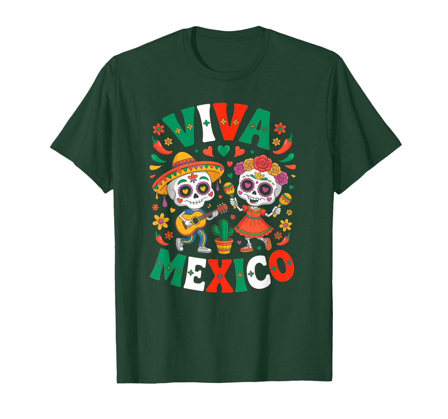 Viva Mexico Skeleton Maracas Mexican Flag Independence Day T-Shirt