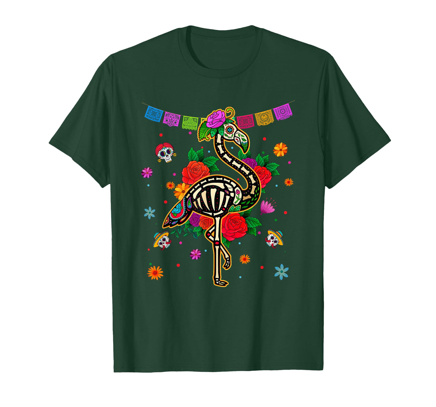 Sugar Skull Pink Flamingo Flowers Dia de Muertos Halloween T-Shirt