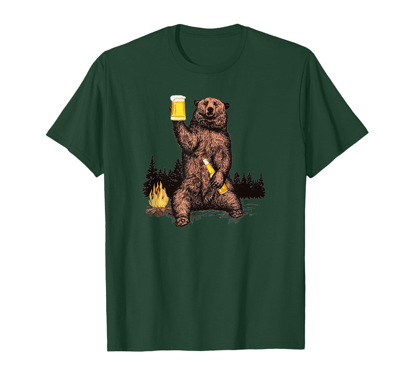 Bear Drinking Beer Camp Fire Woods Outdoor Funny Grizzly T-Shirt