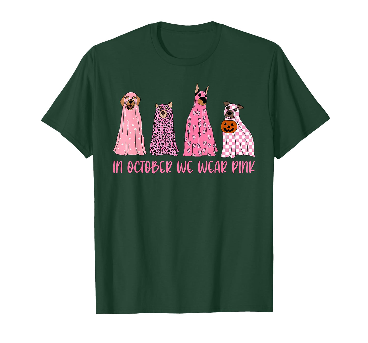 in October We Wear Pink Ghost Dogs Breast Cancer Awareness T-Shirt