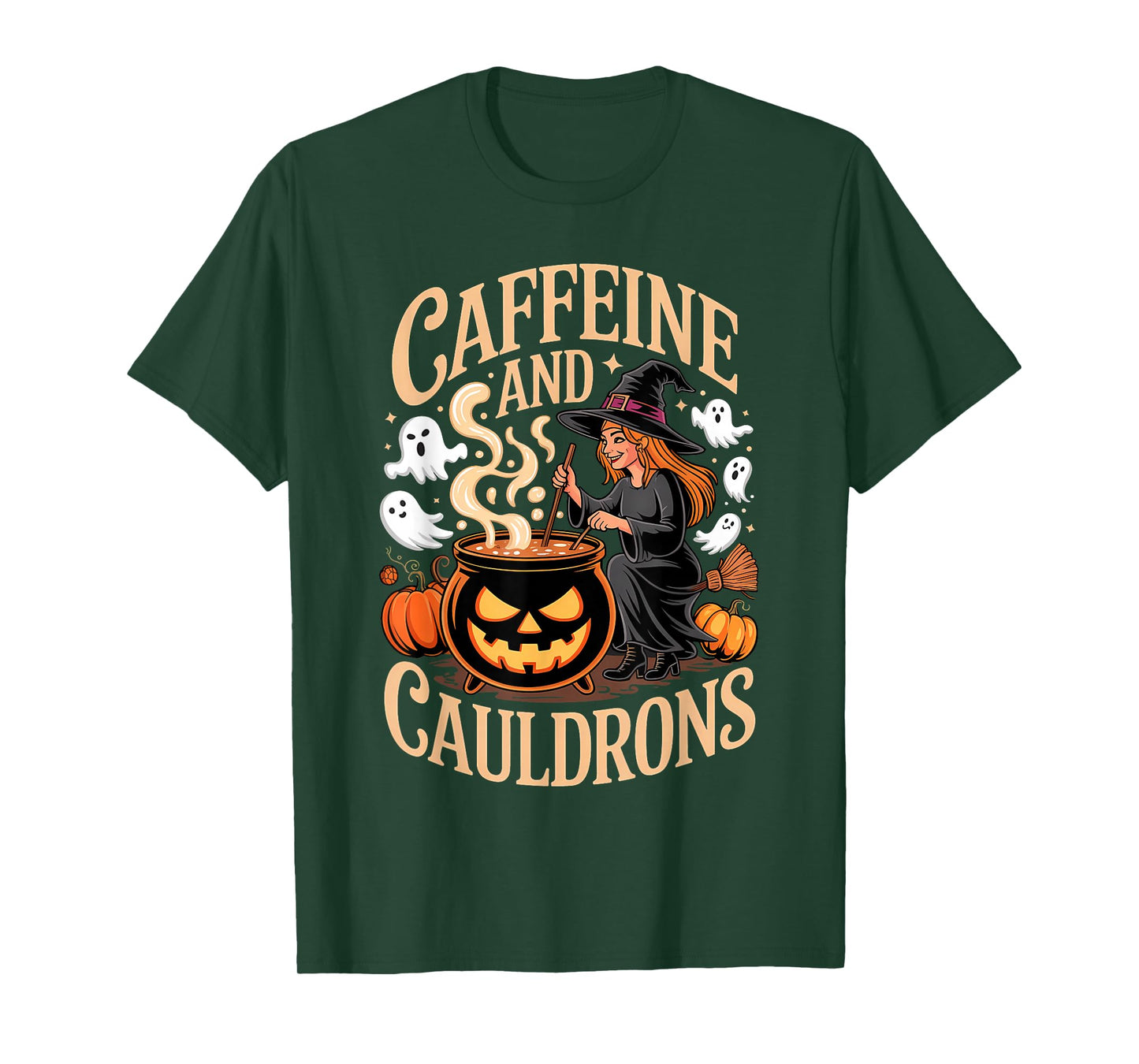 Caffeine and Cauldrons Coffee Witches Ghosts Halloween T-Shirt