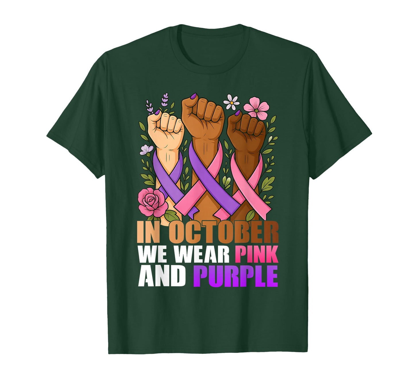 October Breast Cancer Domestic Violence Pink Purple Ribbon T-Shirt