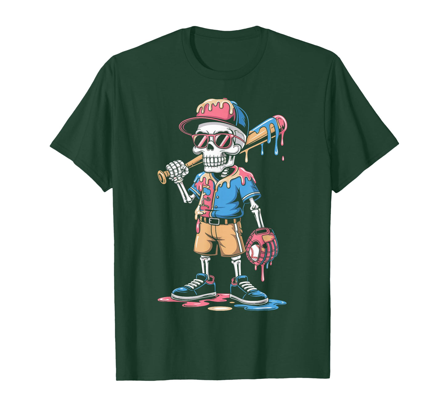 Funny Baseball Skeleton Ice Cream Drip Baseball T-Shirt