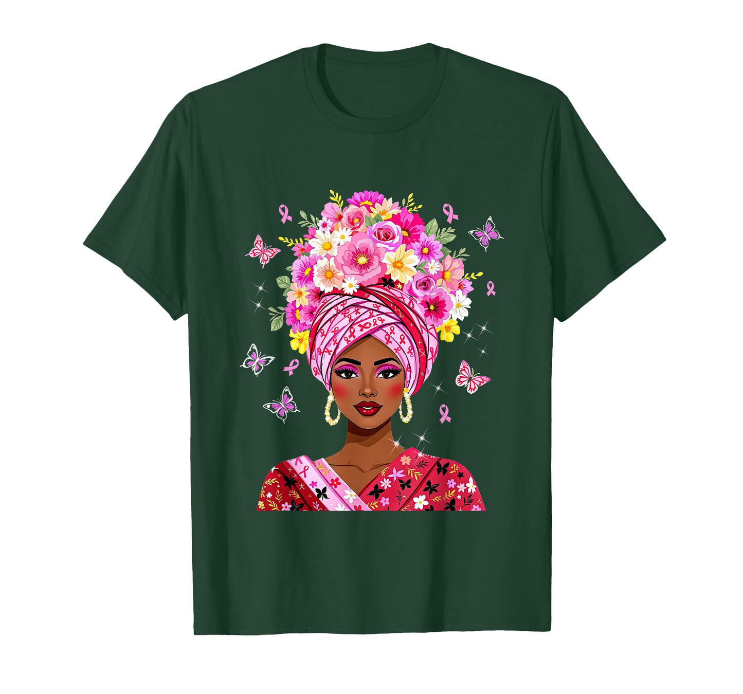 Floral Breast Cancer Black Women Afro Pink Ribbon Survivor T-Shirt