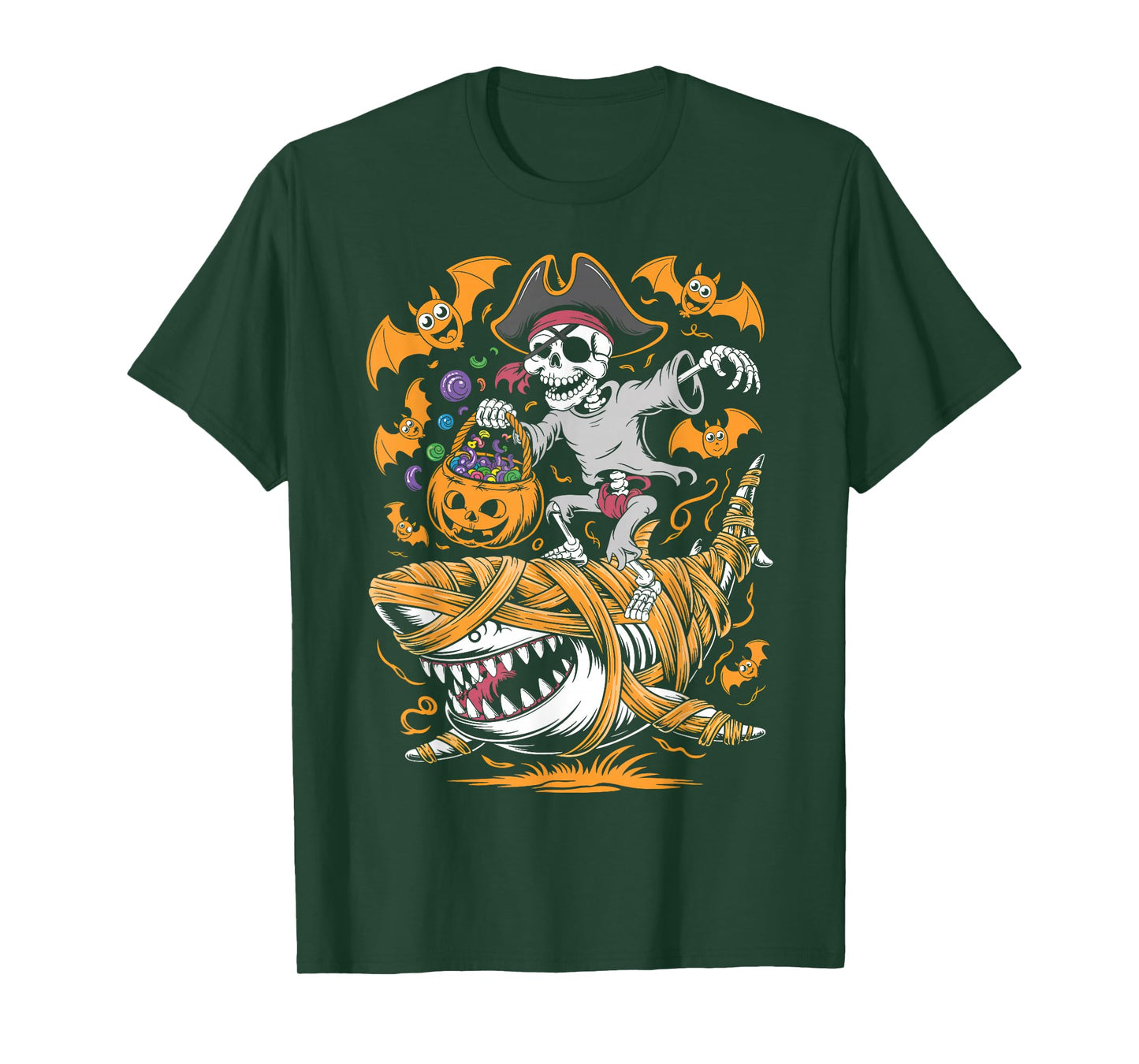 Skeleton Riding Mummy Shark Funny Halloween Pumpkin T-Shirt