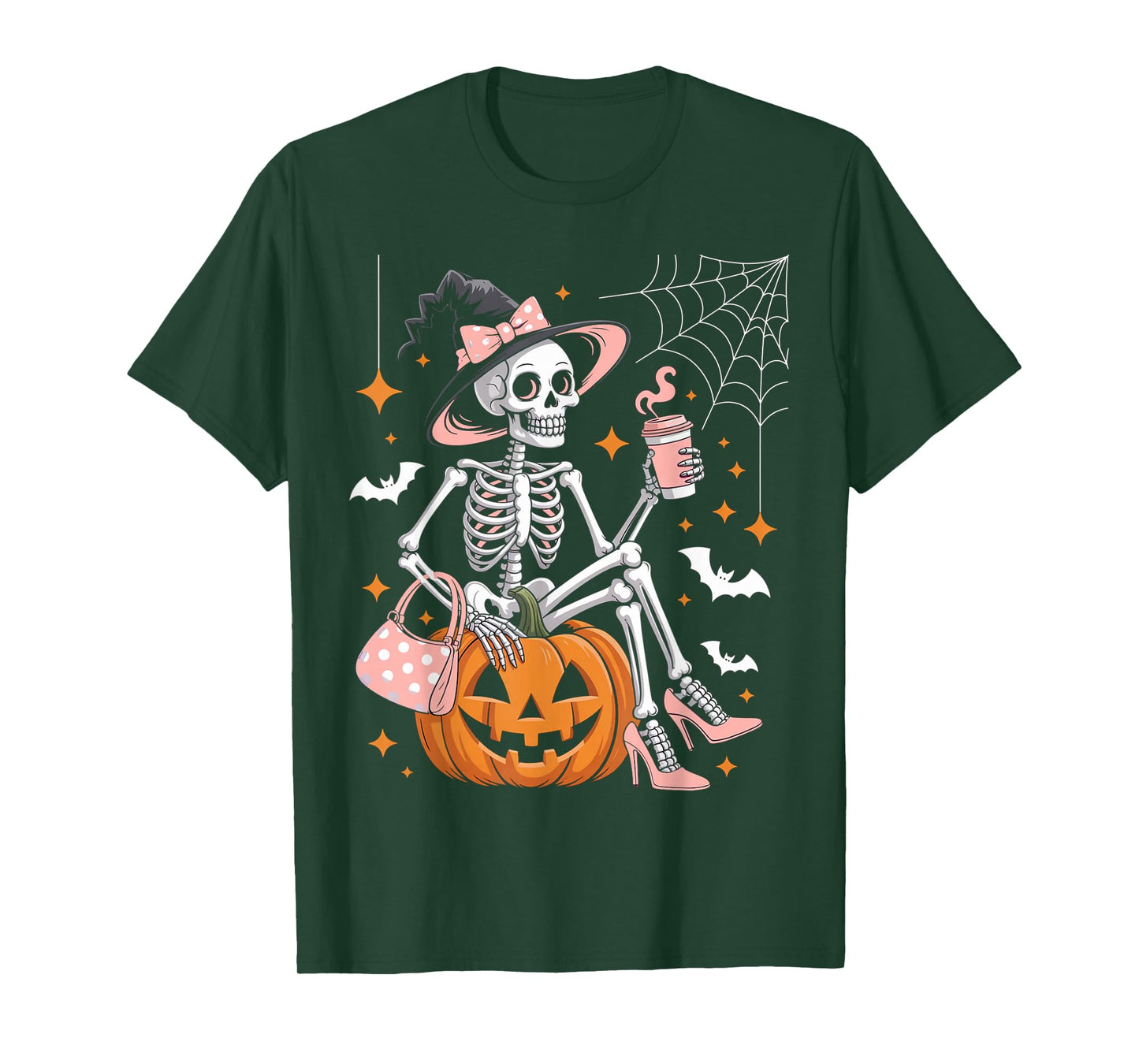 Cute Skeleton Drinking Coffee Lover Halloween Outfits Women T-Shirt