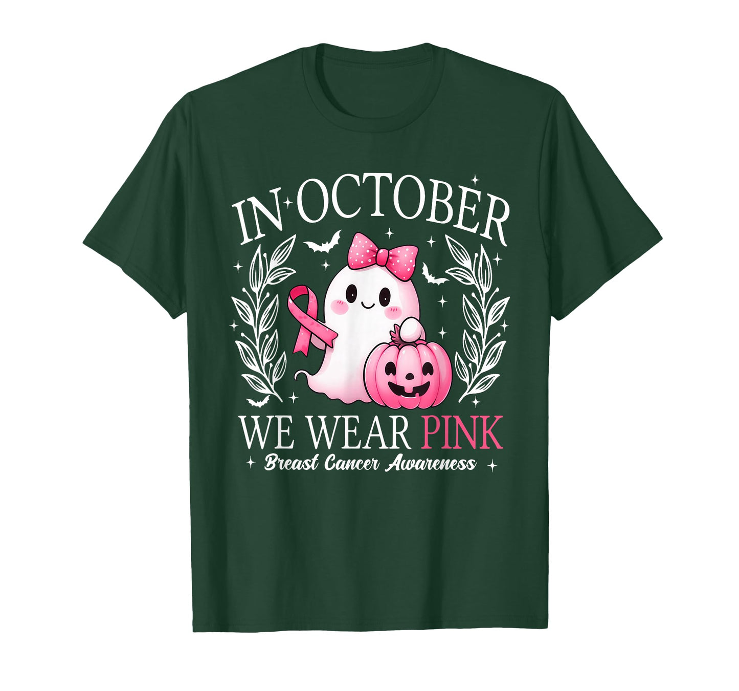 in October We Wear Pink Ghost Witch Breast Cancer Awareness T-Shirt