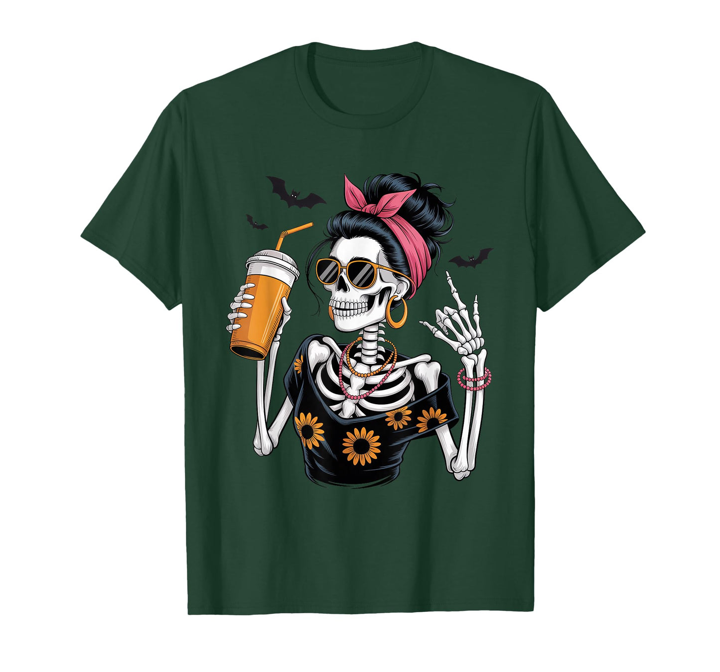 Skeleton Girl Drinking Coffee Peace Sign Graphic for Women T-Shirt