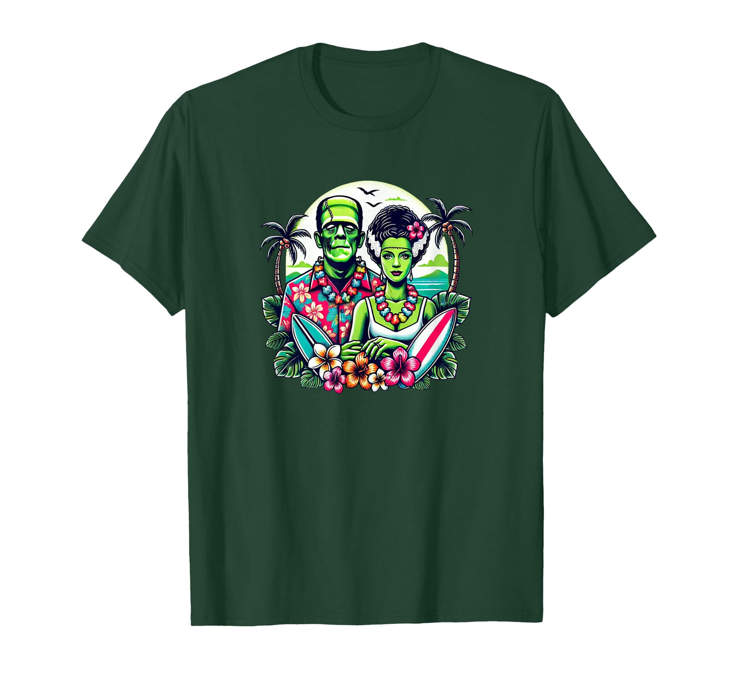 Frankenstein Monster and Bride Tropical Hawaiian Beach T-Shirt for Men Women Girls Kids
