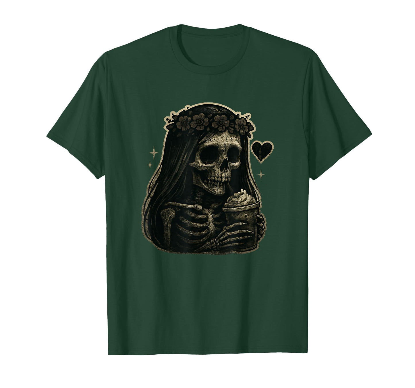 Skeleton Girl Drinking Coffee Peace Sign Graphic for Women T-Shirt