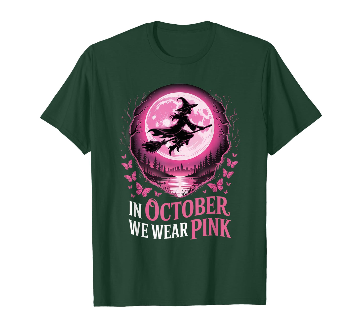 in October We Wear Pink Witch Flying Breast Cancer Awareness T-Shirt