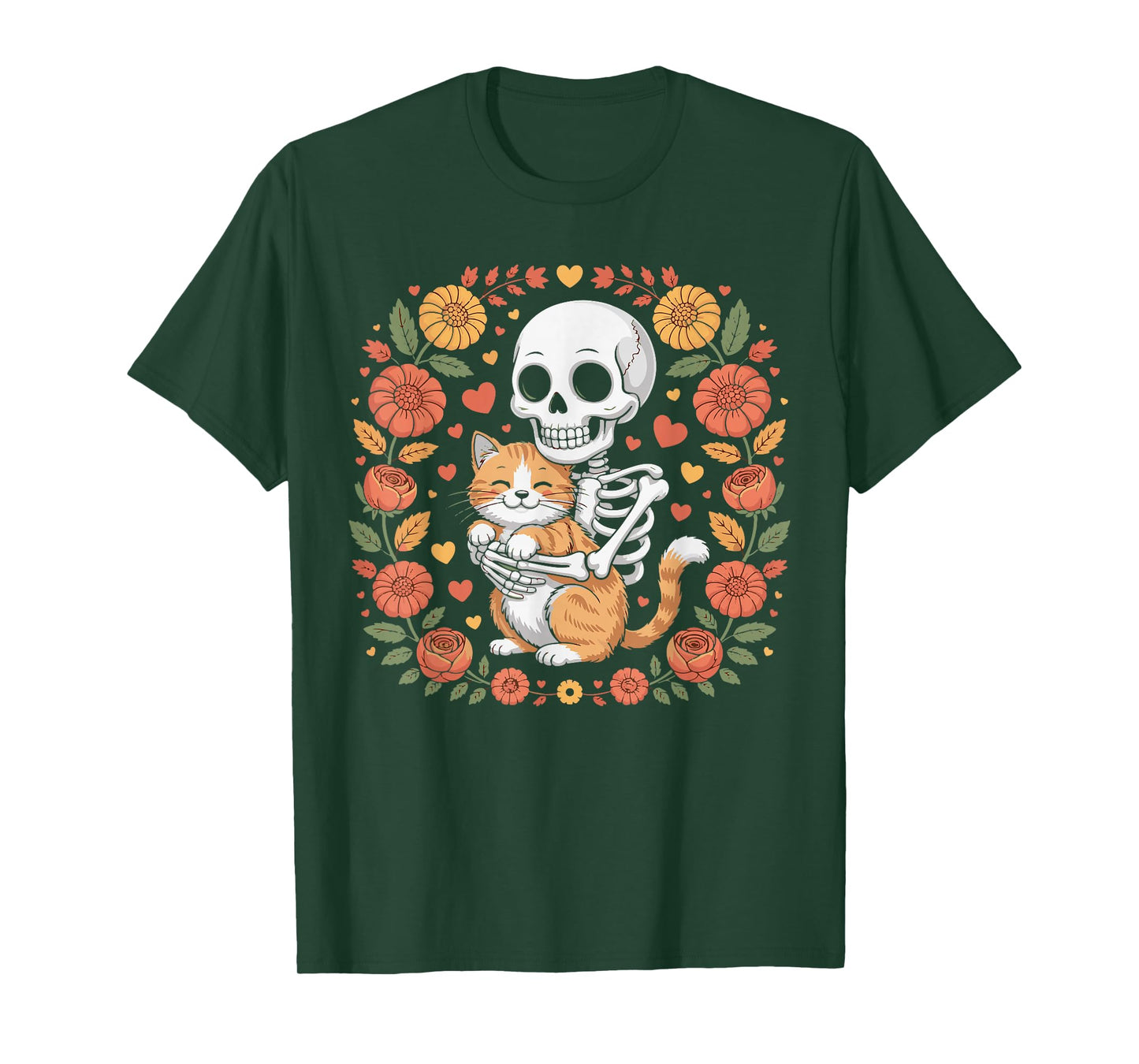 Halloween Skeleton Cat with Floral Design Outfit for Women T-Shirt