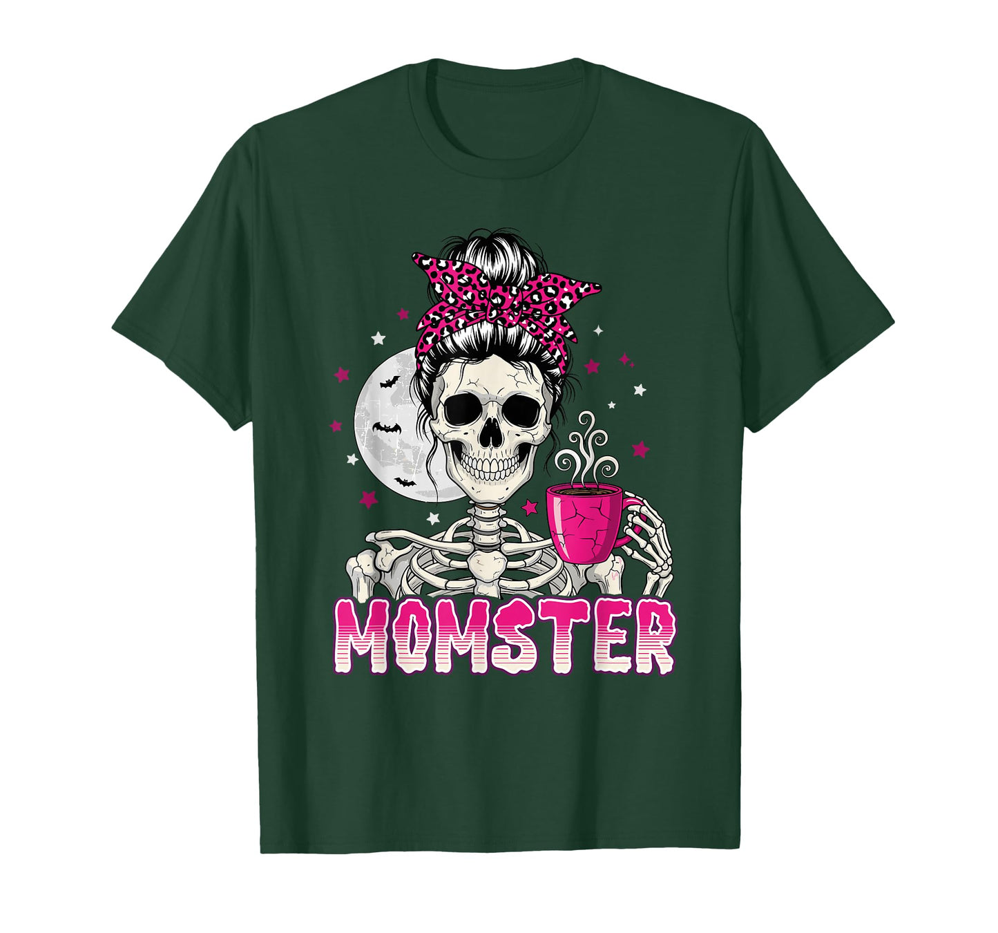 Momster Skull Mom Coffee Lover Halloween Messy Hair Bun Mama T-Shirt